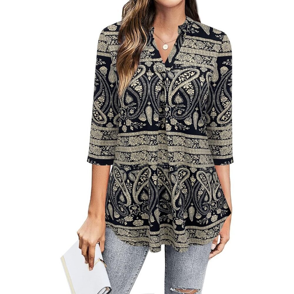 Women's Dressy Casual Blouse 3/4 Sleeve V Neck Floral Polyester Spandex
